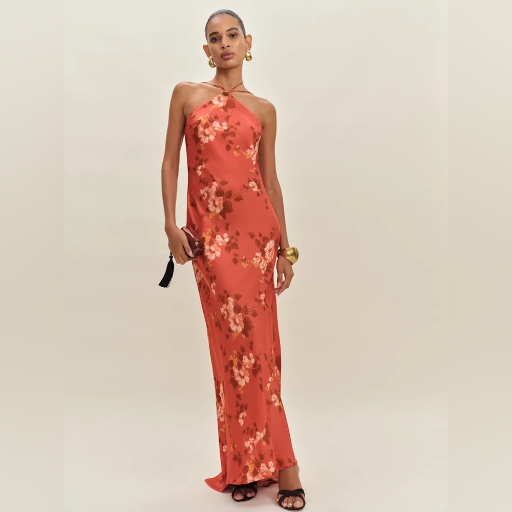 Reformation Zinna Satin Coral Bloom Floral Halter Neck Maxi Dress Orange
